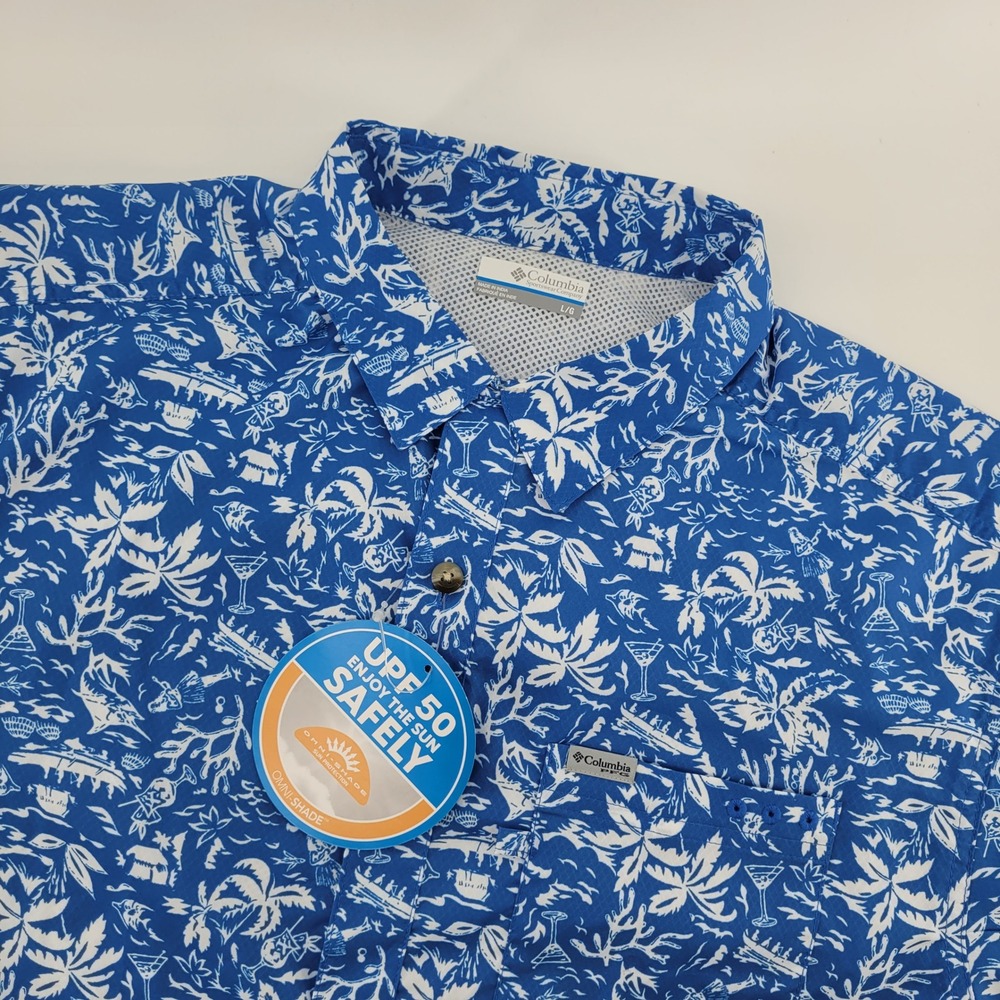 Columbia Super Bluefin Winds Camp Shirt Mens Large Blue PFG UPF 50 XM0693